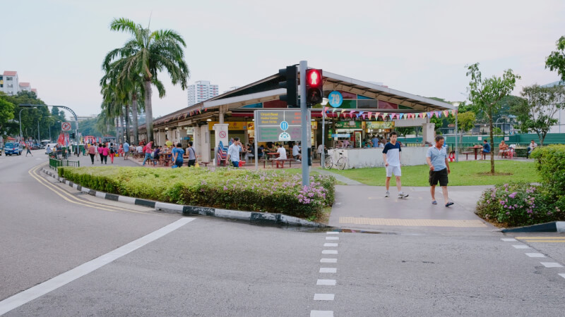 About to cross. Over street is the food court